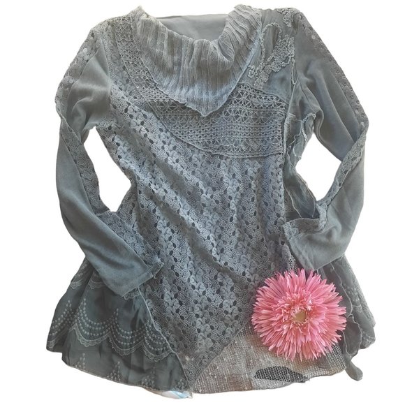 Simply Couture Lace Blouse Long Sleeve Cowl Neck Chiffon Layers Shirt - Picture 2 of 14